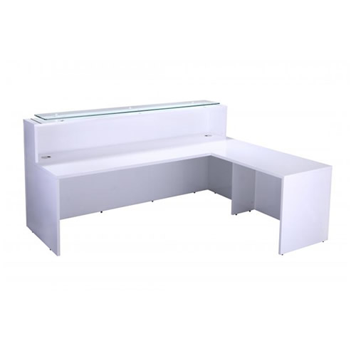 White Gloss OI Range Office Counter Reception Unit with Glass Shelving & Return